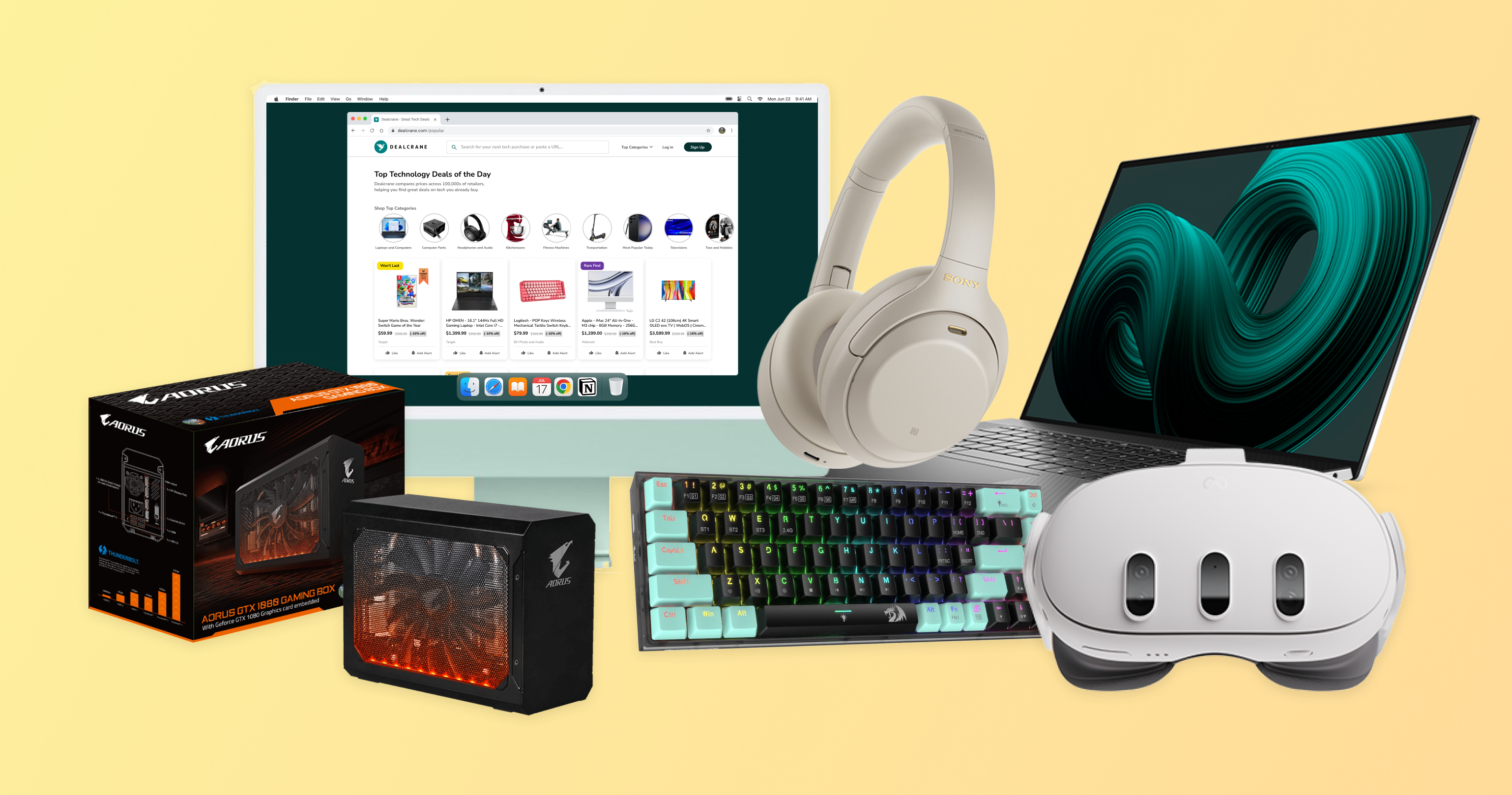 A selection of featured electronics, such as an iMac, headphones, a computer graphics card, mechnical keyboard, laptop, and virtual reality headset